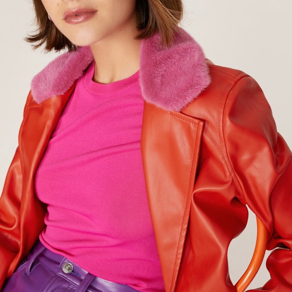 NWOT STAUD Ashley Red Trench Coat with Pink Collar - Picture 5 of 7